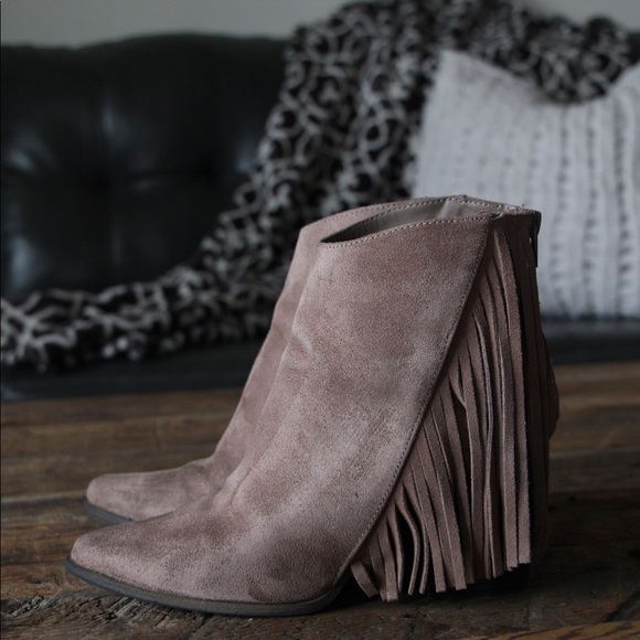 Candie's | brown suede heeled fringe ankle booties - Picture 2 of 6